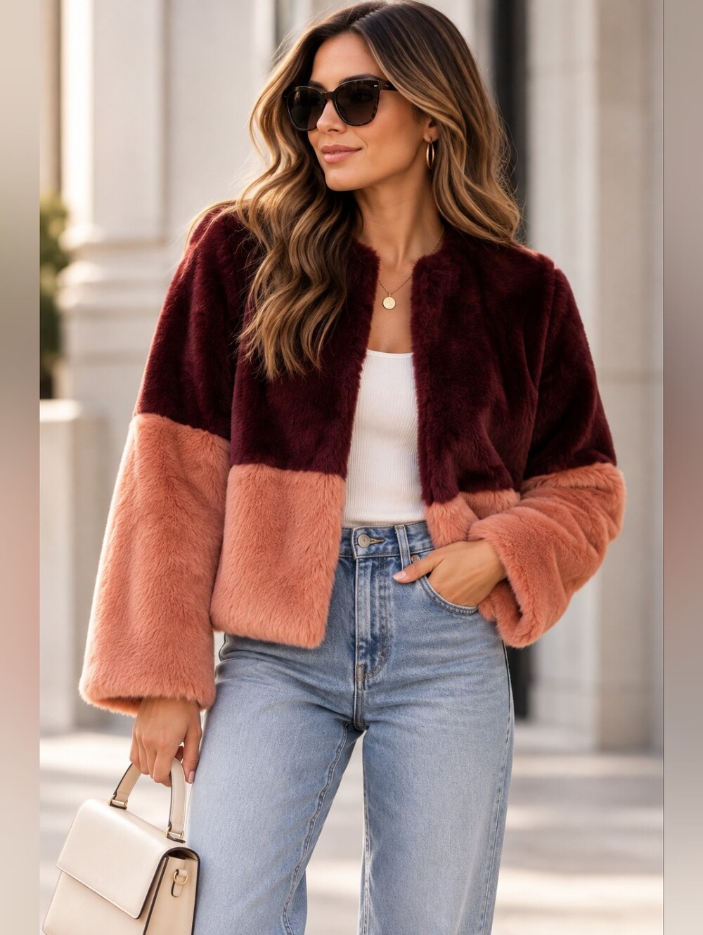 Pink and Burgundy Color Block Faux Fur Coat